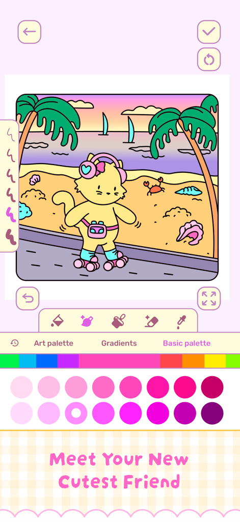 Interfaz de libro de colorear digital mostrando un gato adorable patinando en una playa al atardecer