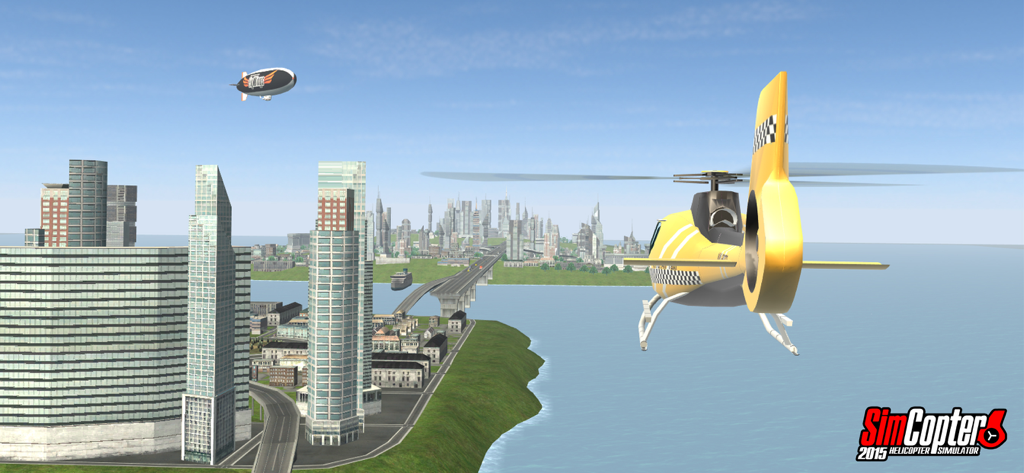 Helicopter Simulator 2015 - Un helicóptero amarillo volando sobre un horizonte de ciudad en 3D con rascacielos y un dirigible en Helicopter Simulator 2015