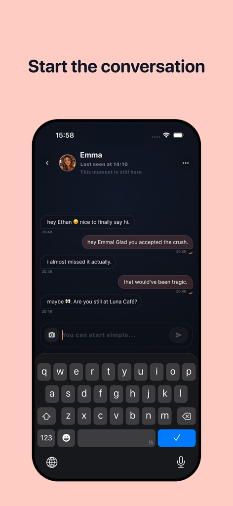 Crush Signals - A mobile phone screen displaying the chat interface of the Crush Signals app with a conversation between two users