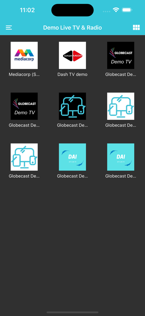 A mobile app interface showing a grid of demo live TV and radio channels including Mediacorp and Globecast brands.