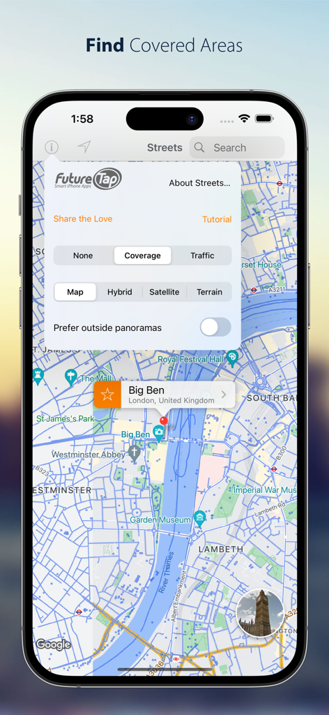 Streets - Street View Browser - Captura de pantalla de iPhone de la aplicación Streets que muestra la cobertura de Street View en un mapa de Londres con los ajustes de estilo de mapa abiertos.
