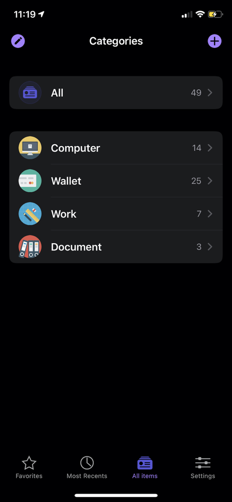 oneSafe password manager categories screen in dark mode showing computer wallet work and document folders
