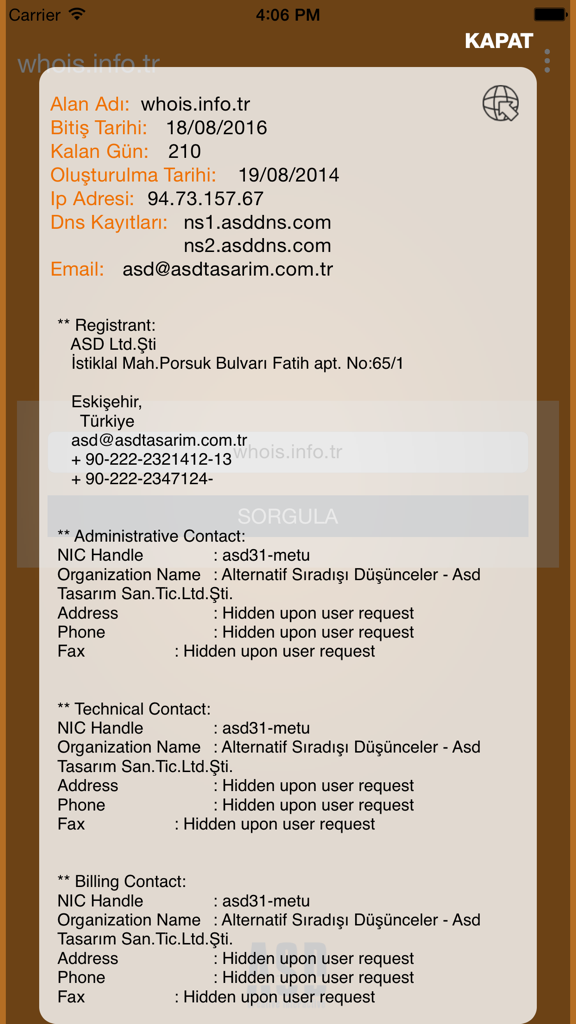 whois.info.tr - Mobile app interface displaying detailed domain WHOIS registration records and contact information