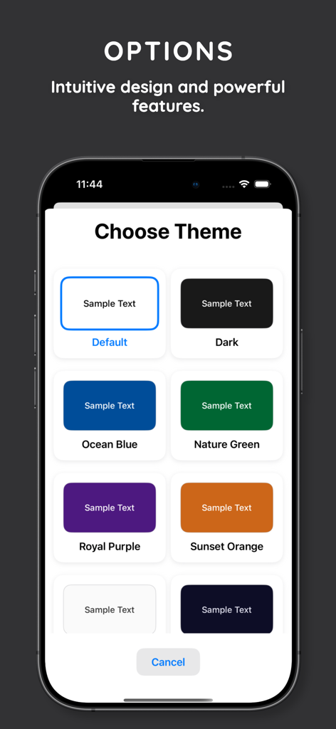 Una pantalla de aplicación móvil que muestra varias opciones de temas de color para presentaciones, incluyendo Predeterminado Azul Océano Oscuro y Púrpura Real.
