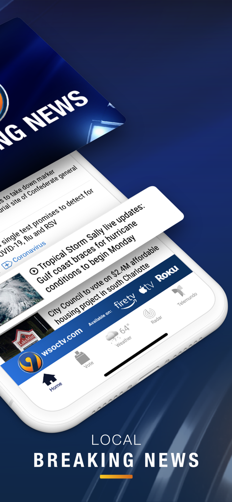 WSOC-TV News - WSOC-TV News mobile app displaying local breaking news headlines and weather updates