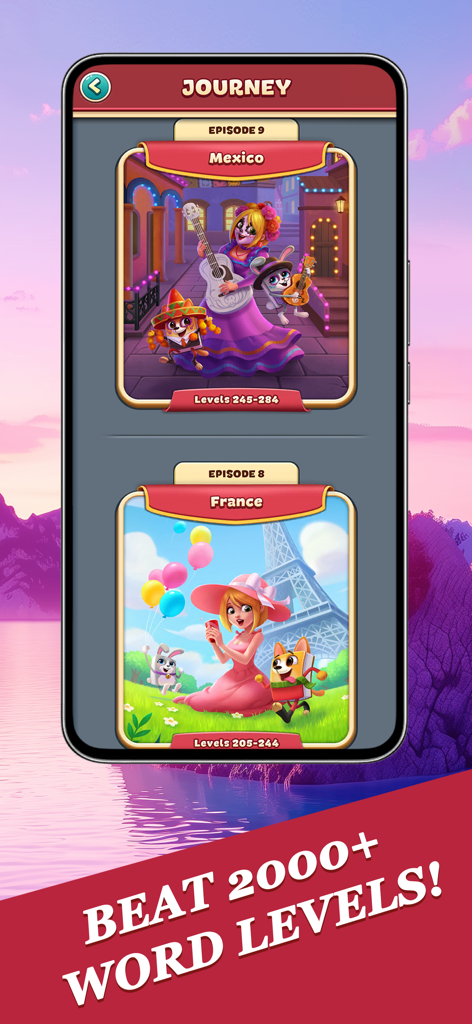 Word Craze - Trivia crosswords - Captura de pantalla del juego Word Craze que muestra el mapa del viaje con niveles para episodios de México y Francia