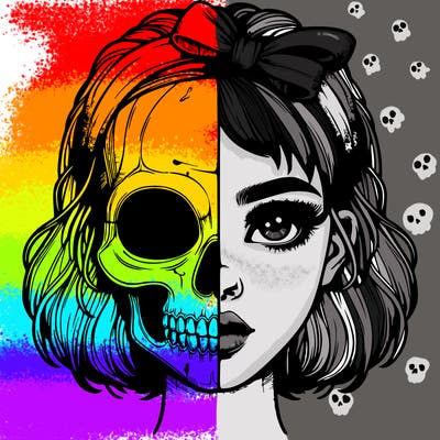 realistic girl with half skull mask