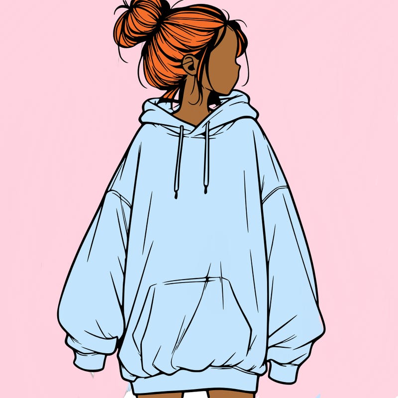 realistic girl with a oversized sweatshirt on and a bun