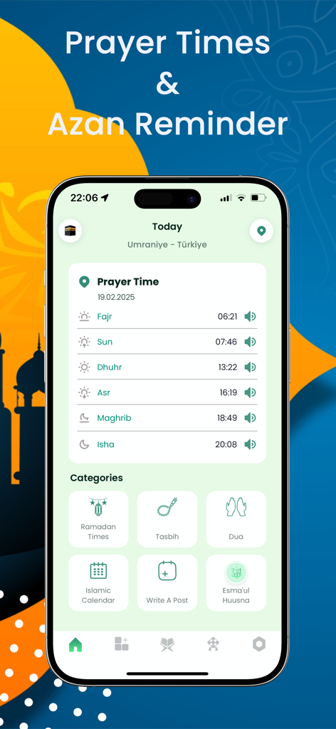 Muslim AI Prayer Times Athan - Smartphone displaying the Muslim AI app interface with daily prayer times and Islamic utility features