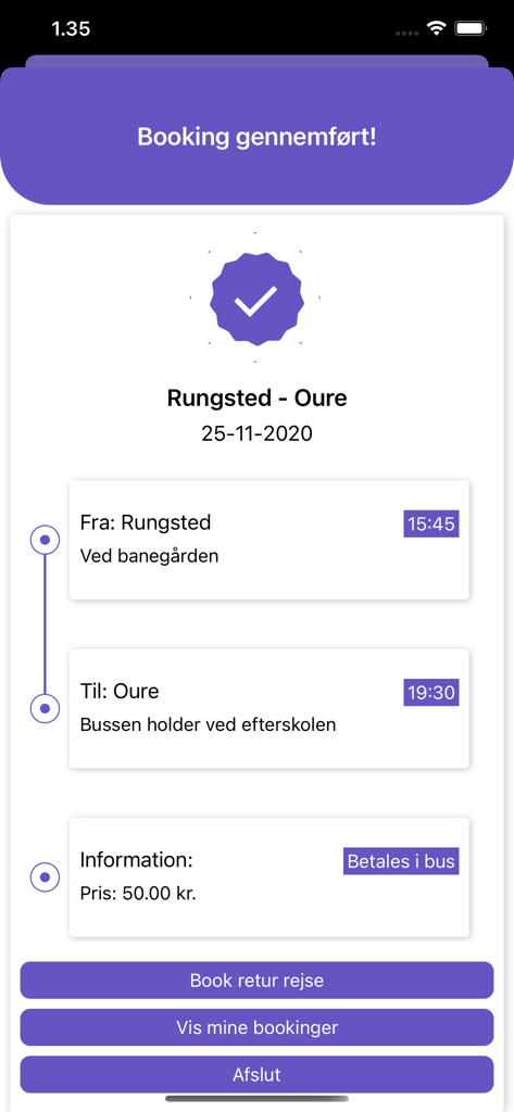 Frank A. Busser - A mobile screen showing a successful bus booking confirmation from Rungsted to Oure on the Frank A. Busser app