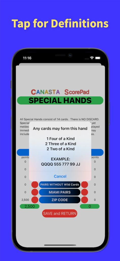Canasta ScorePad - A mobile screen showing the Canasta ScorePad app with a popup window explaining the definitions and point values for special card hands.