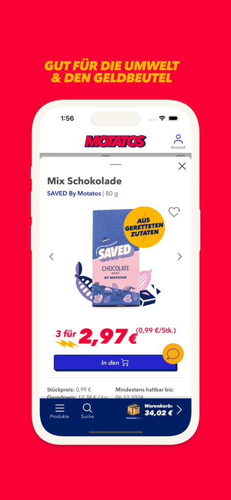 Motatos mobile app showing a discount on rescued chocolate products