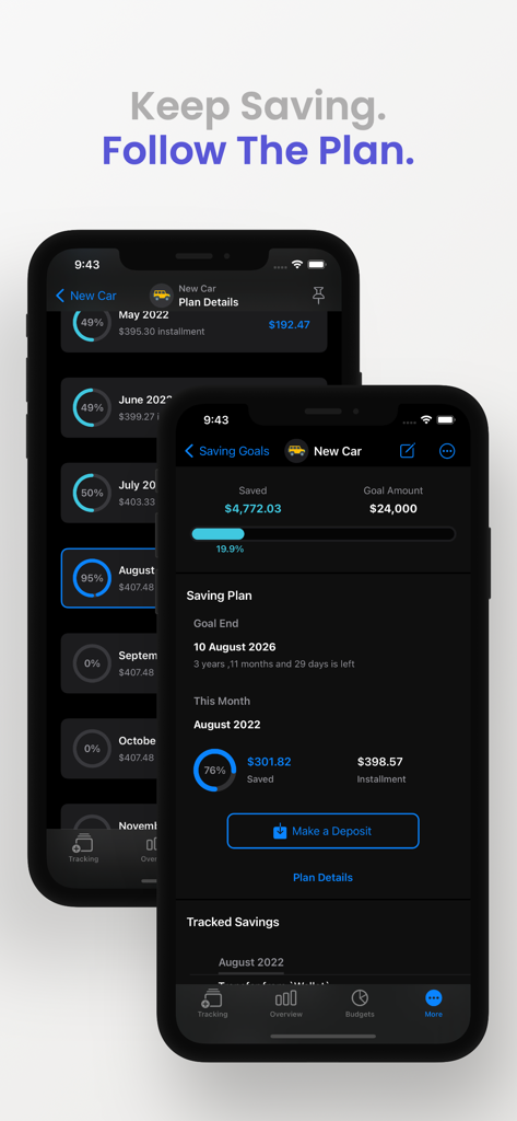 Interface de l'application SpendNotes montrant la progression des objectifs d'épargne pour une nouvelle voiture en mode sombre.