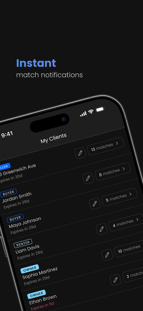 Tableau de bord de l'application Premarket montrant une liste de clients acheteurs et vendeurs avec des correspondances de propriétés.