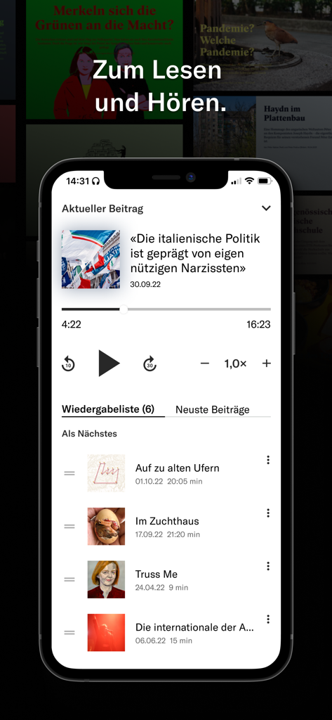 Republik - A tela do player de áudio do aplicativo de notícias Republik mostrando uma lista de reprodução de artigos.