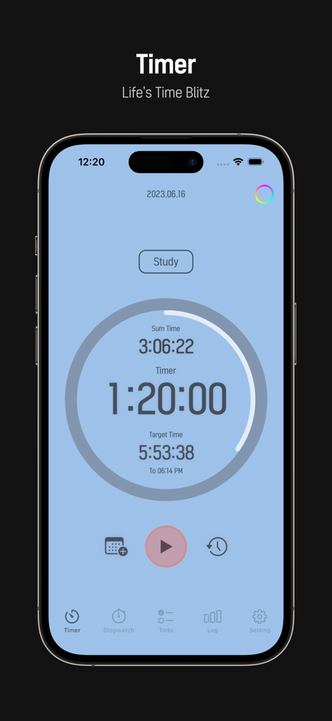 Aesthetic study timer screen with minimalist blue background and time tracking data