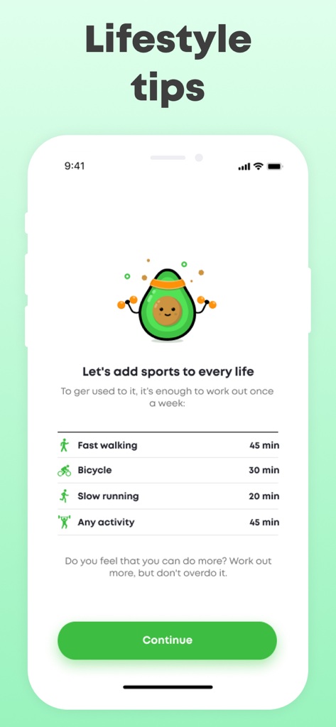 ScanFood app screen showing lifestyle tips and suggested workout durations for different physical activities
