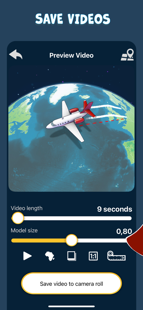 TravelBoast: My Journey Routes - Tela de visualização do aplicativo TravelBoast mostrando um avião animado voando sobre um globo 3D com opções para salvar o vídeo