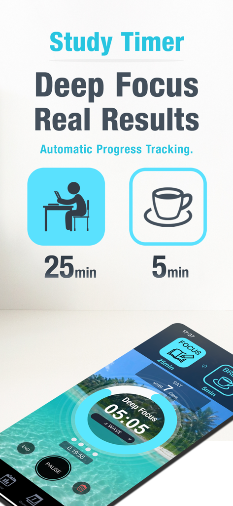 Study Timer: Focus & Pomodoro - Aplicación Study Timer mostrando una sesión de enfoque Pomodoro de 25 minutos y una interfaz de seguimiento de progreso automático