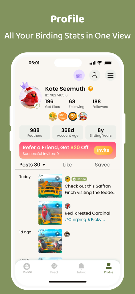 COOLFLY: Birding & Connection - User profile interface of COOLFLY app showing birding statistics and video posts
