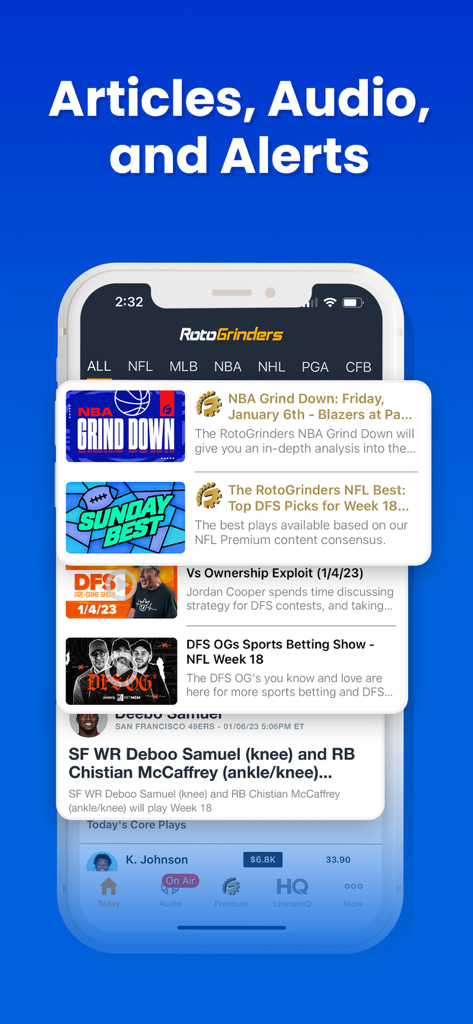 RotoGrinders Daily Fantasy - Mobile screen of the RotoGrinders app displaying a feed of sports news articles, audio content, and real-time player alerts.