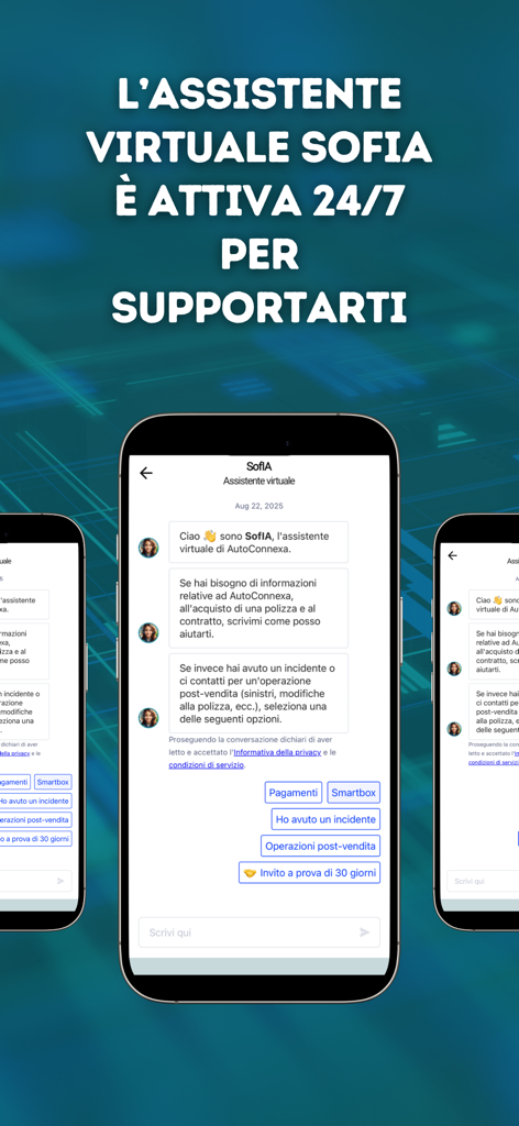 Tela do aplicativo móvel Drive Connexa exibindo a assistente virtual Sofia fornecendo suporte ao cliente 24/7 via chat.
