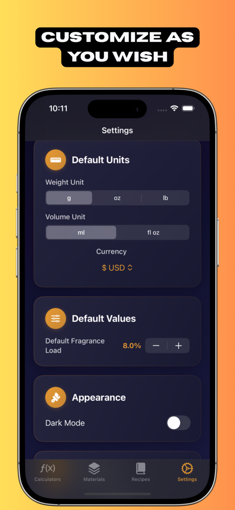 Calculator Candle - Tela de configurações do aplicativo Calculadora de Velas mostrando opções para unidades de peso e volume, carga de fragrância e personalização do modo escuro