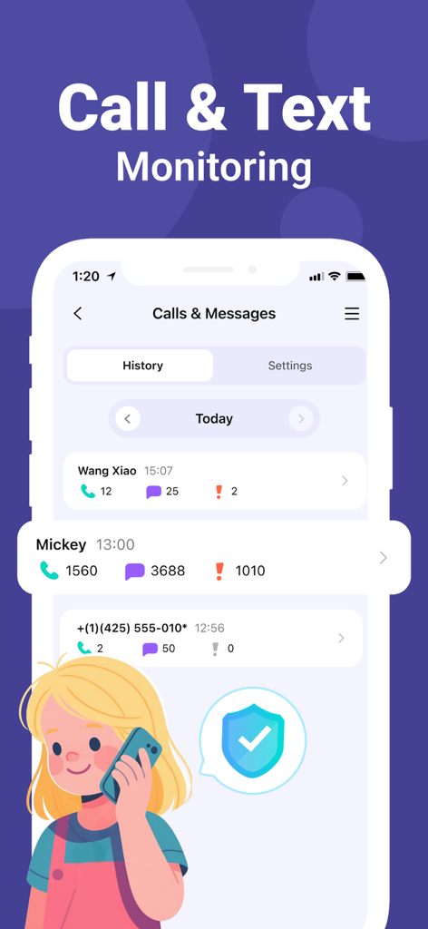 Interfaz de la aplicación de control parental FamiSafe que muestra registros de monitoreo de llamadas y textos con una ilustración de seguridad infantil