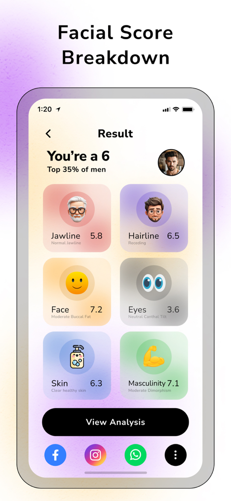 Face Rating - LooksMaxxing AI - Tela de resultados de pontuação facial no aplicativo LooksMaxxing AI mostrando avaliações individuais de características faciais