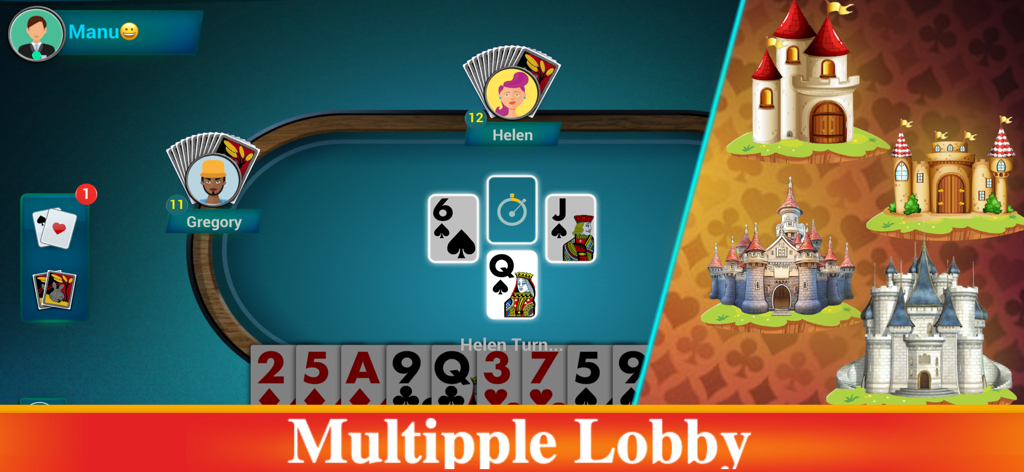 Bhabhi Thulla Online Card Game - Bhabhi Thulla online card game interface showing an active match and multiple lobby icons