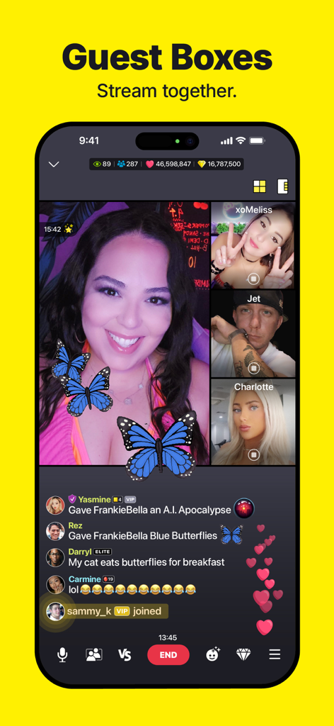 C2 Live - Live Streaming - C2 Liveアプリのゲストボックス機能が表示され、複数のクリエイターが一緒にストリーミングしている様子のスクリーンショット