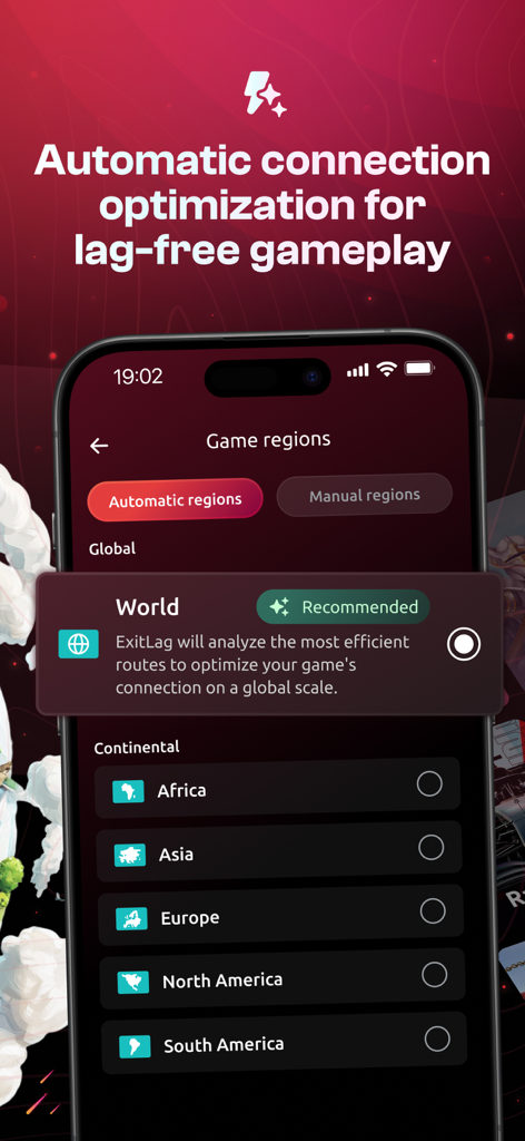 ExitLag app interface showing automatic connection optimization and global game region selection