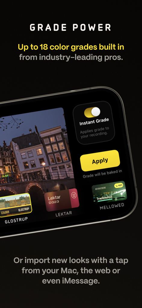 Kino - Pro Video Camera - Kino video camera app displaying professional color grade presets and instant grading options.