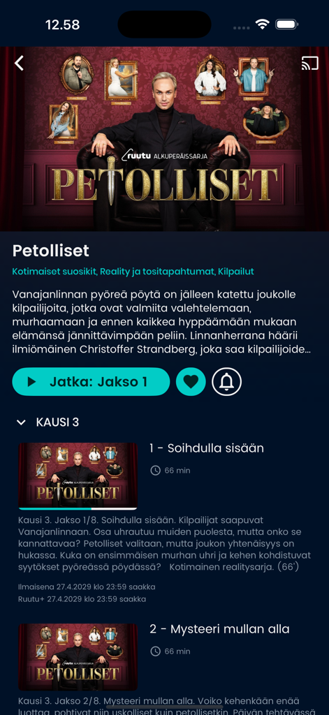 Ruutu - Ruutu app interface displaying the series page and episode list for the Finnish show Petolliset