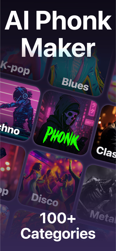 Phonk Maker - Phonky - Interfaz de la aplicación móvil que muestra más de 100 categorías de música para generación con IA, incluyendo Phonk Techno y Disco