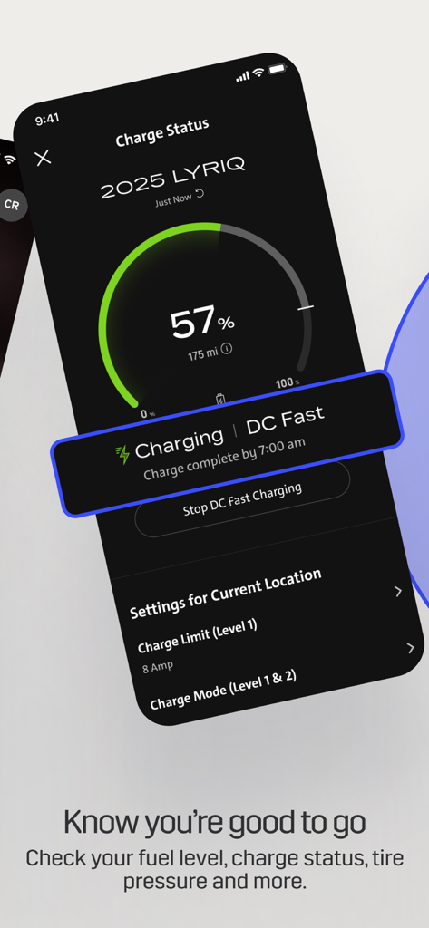 myCadillac - A smartphone screen displaying the myCadillac app with the EV charge status for a 2025 LYRIQ vehicle at 57 percent