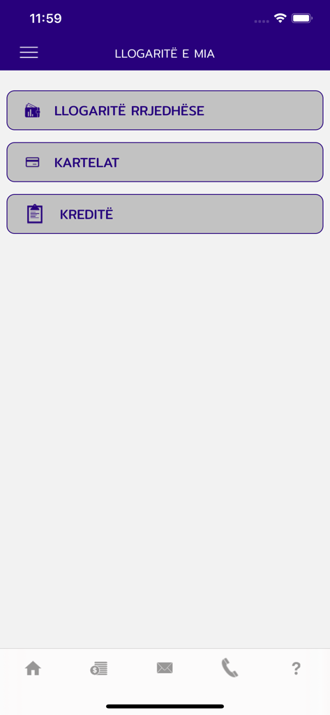 mKlik NLB Kosova mobile banking app interface showing the My Accounts menu with options for current accounts, cards, and loans.