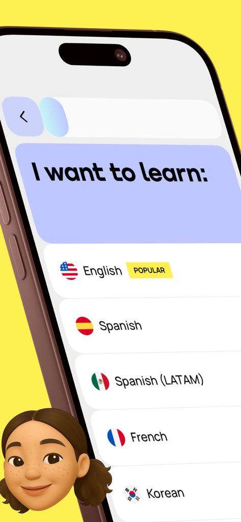 Promova: Language Learning App - Promova 앱 인터페이스, 영어, 스페인어, 프랑스어를 포함한 학습 언어 목록 표시