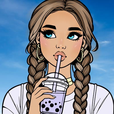 realistic girl with braided hair drinking boba