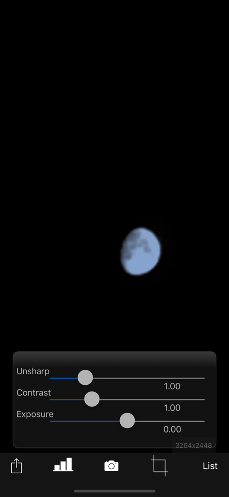 MoonCatcher - MoonCatcher app photo editing screen showing adjustment sliders for unsharp contrast and exposure over a moon image