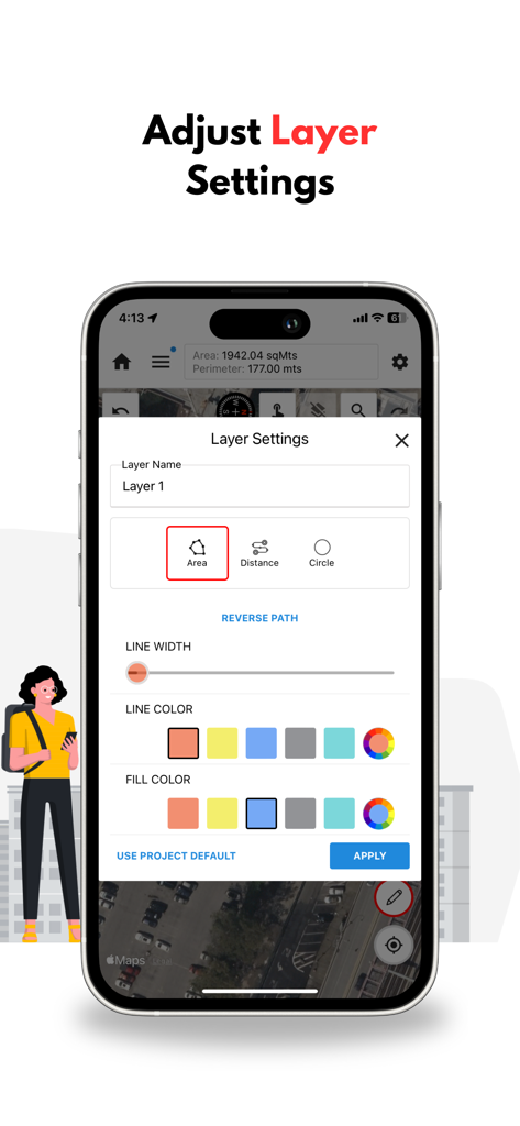 GPS Land Measurement & Survey - Smartphone screen showing the Mapulator app layer settings menu for customizing map colors and styles