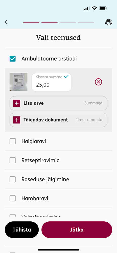 Selecting medical services and entering a claim amount in the ERGO Estonia insurance app.