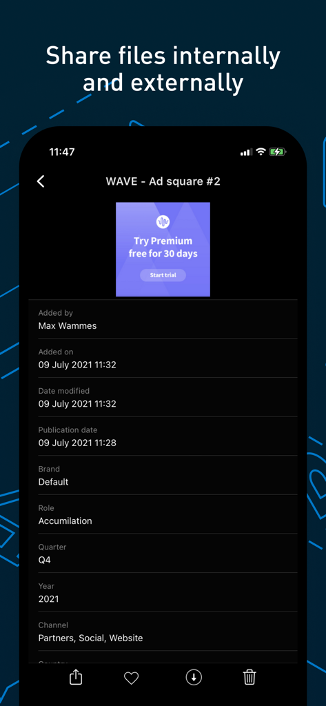Bynder - Bynder mobile app screen for sharing assets and viewing file metadata.