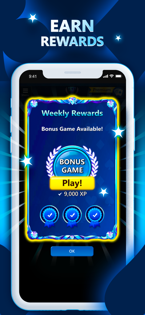 Tela de recompensas semanais no Microsoft Solitaire Collection mostrando um jogo bônus e XP