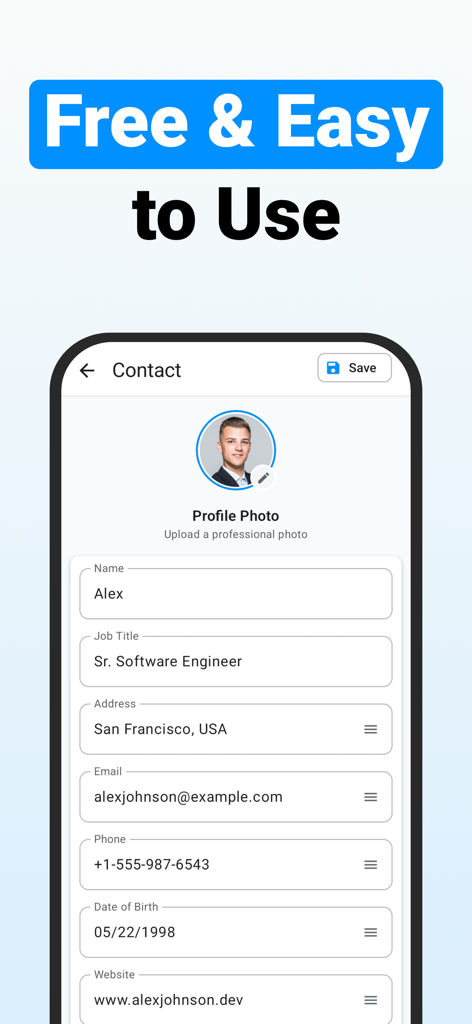 CV Maker, Resume Builder - Interfaz de la aplicación creadora de currículums mostrando el formulario de entrada de datos de contacto para un ingeniero de software