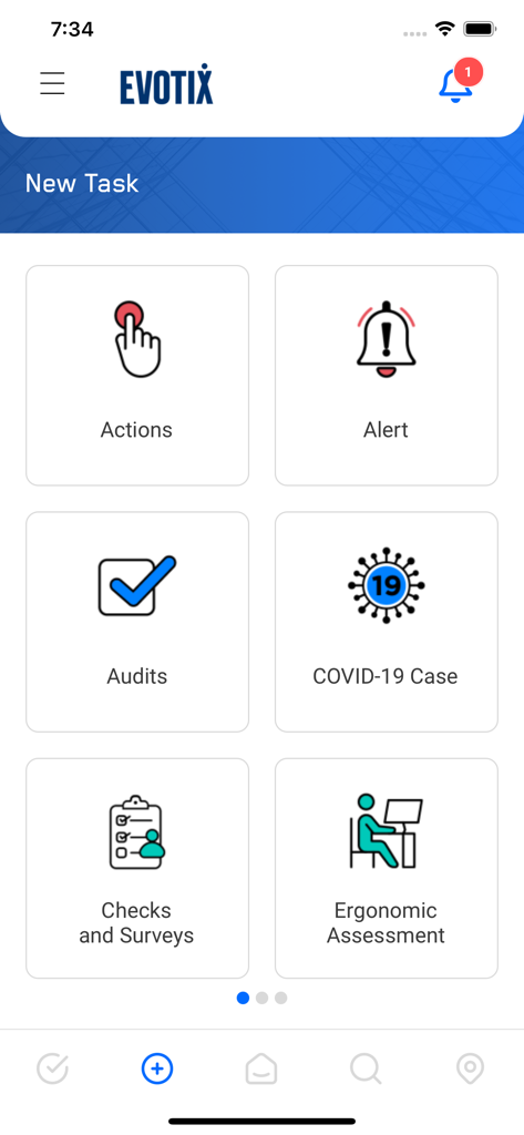 Tableau de bord de l'application mobile Evotix Roam montrant diverses options de tâches de sécurité et de conformité telles que les audits et les alertes.