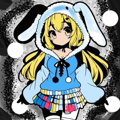 pretty anime girl wearing a fluffy hoodie with bunny ears on the hood and a skirt