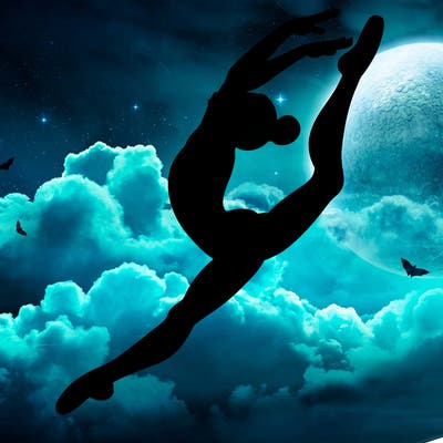 gymnast doing a leap in a leotard with a bent back leg