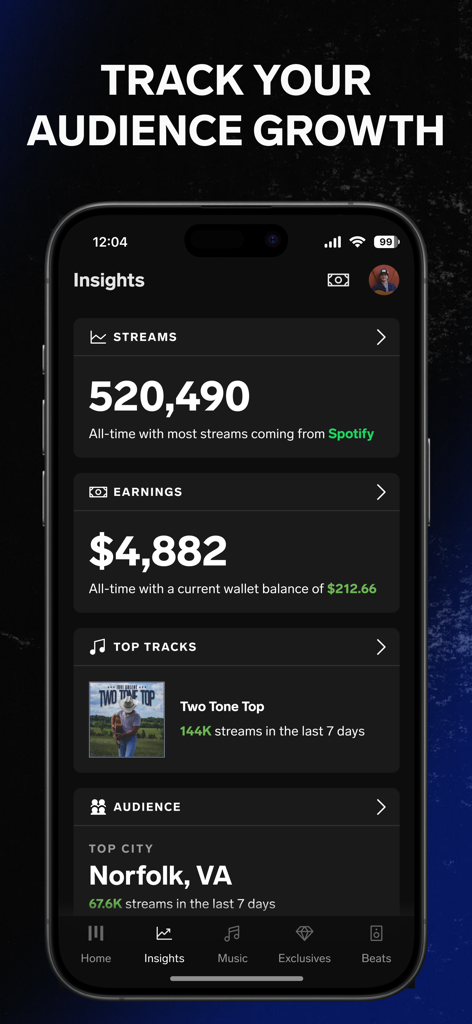 UnitedMasters: Release Music - L'écran Insights de l'application UnitedMasters affichant le nombre total de streams musicaux, les gains et les données de croissance d'audience pour les artistes indépendants.