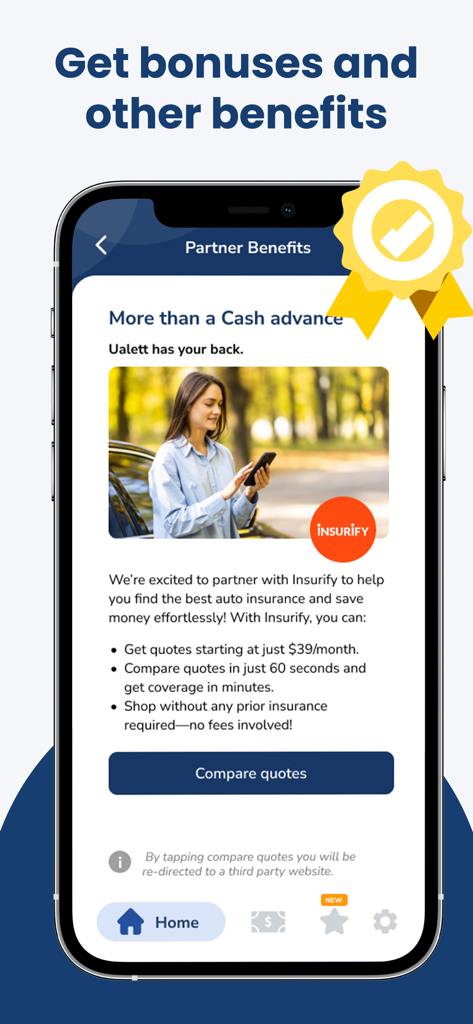 Ualett app interface showing partner benefits and auto insurance options